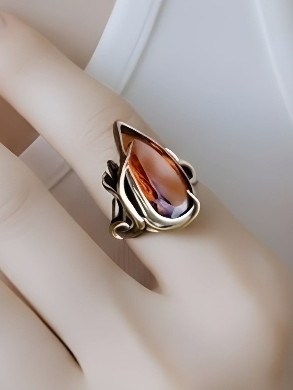 Artisan Silver Ring with Orange Crystal Stone Size 6